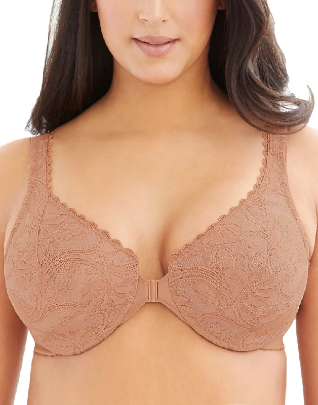 trendy lace briefs-Glamorise Allover Lace Front-Close Underwire Bra Cappuccino 9245