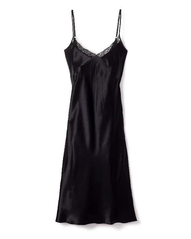 soft satin sleep tank-Women's Mulberry Silk Black Cosette Night Dress with Lace