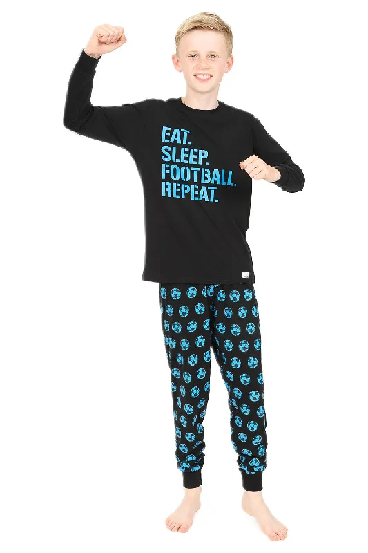 breathable bamboo sleepwear-Eat Sleep Football Repeat Blue Long Pyjamas