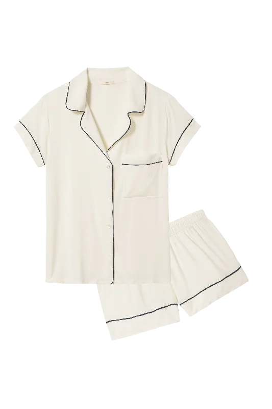 breathable satin pajamas-Gisele Relaxed Short PJ Set in Pure Ivory/Navy