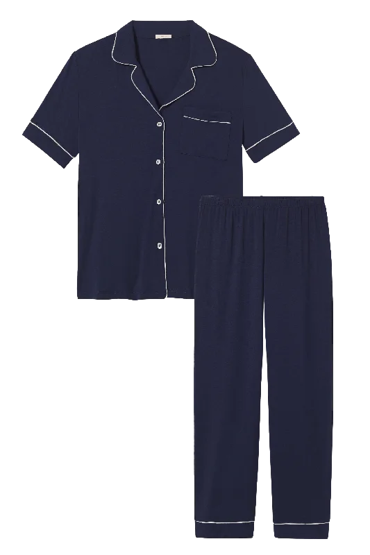 women’s lace sleep shorts-Gisele Short Sleeve Pant PJ Set in Navy/Ivory