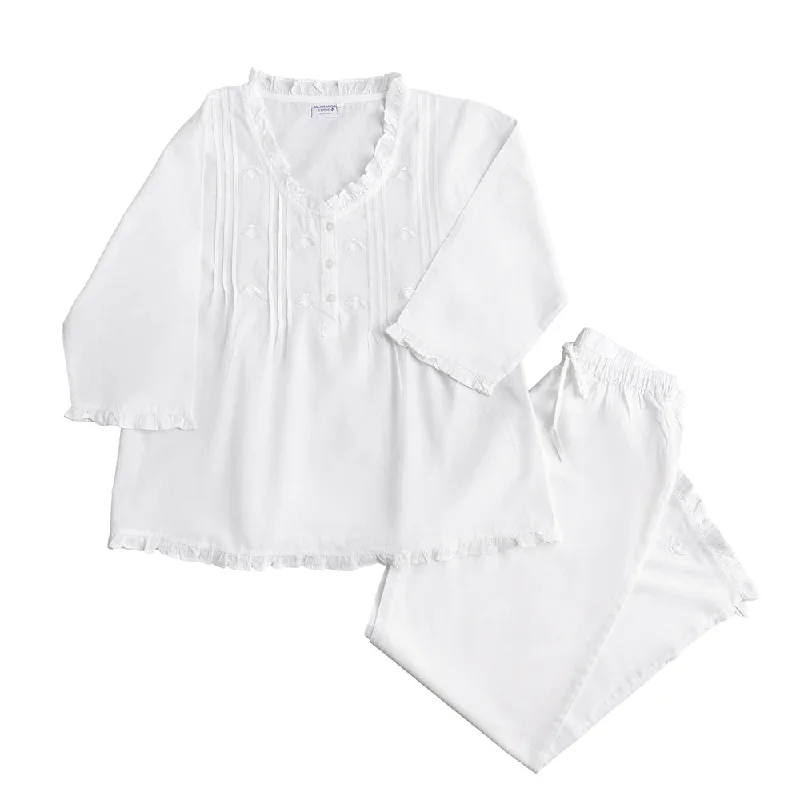 luxury cotton pajamas-Caroline Embroidered White Cotton Pajamas