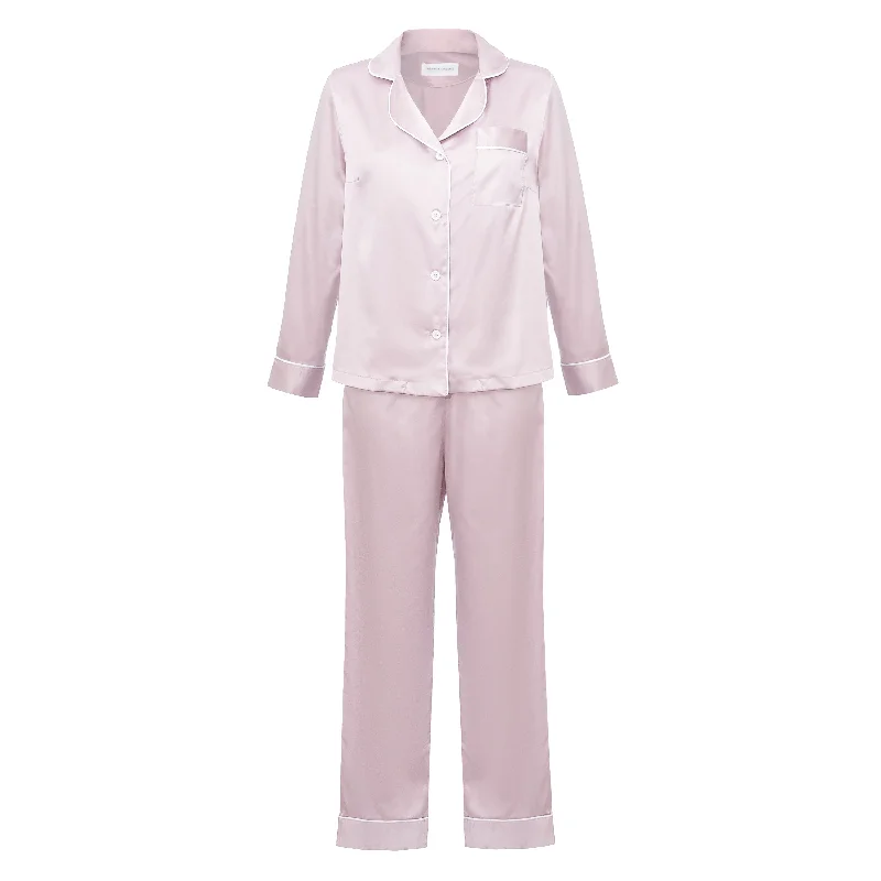 breathable cotton pajamas-Long Silky Satin Button Up Pajamas