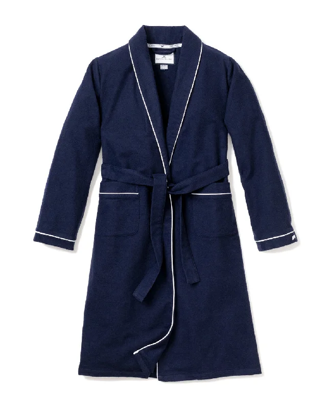 floral bamboo nightgown-Women’s Navy Flannel Robe with White Piping