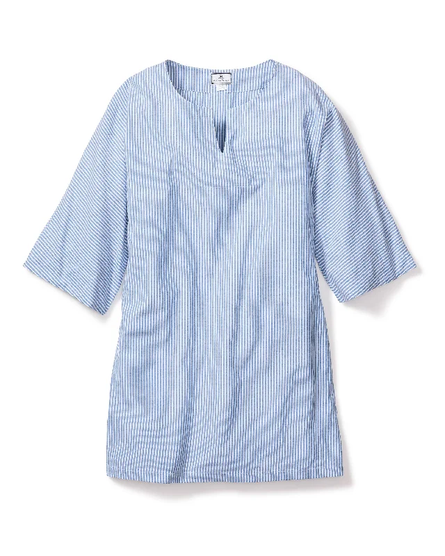 women’s cozy bamboo nightgown-Women's French Blue Seersucker Short Caftan