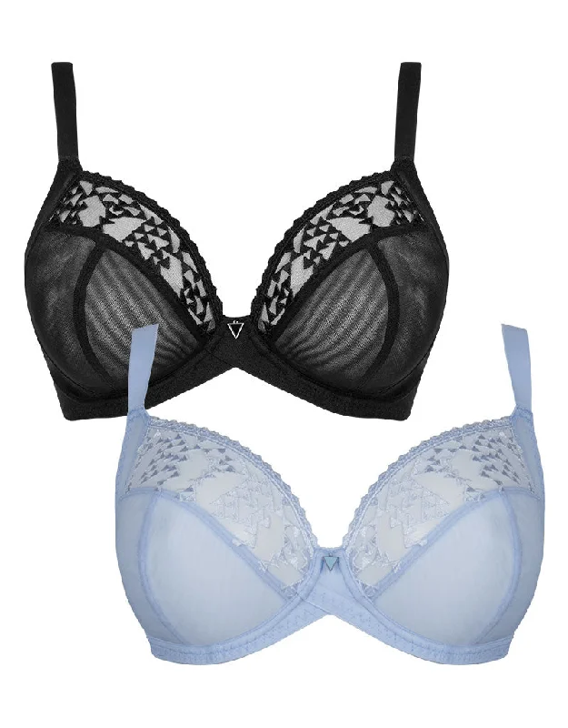 trendy printed panties-Curvy Kate Centre Stage Full Plunge Bra 2-Pack Black and Icy Blue