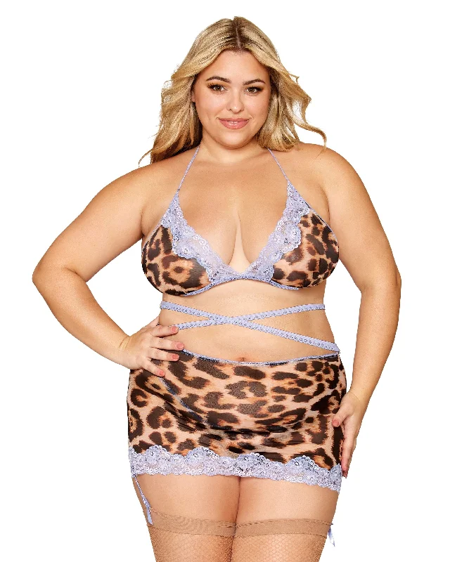 breathable satin panties-Dreamgirl Plus Size Leopard Printed Mesh with Contrast Scalloped Lace Bralette, Garter Skirt, and G-string Set