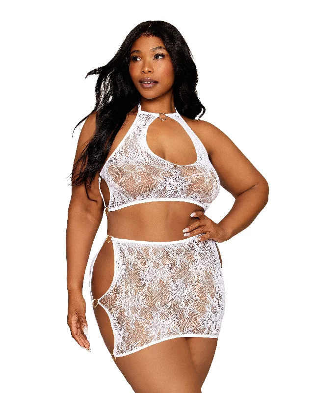 invisible panty line-Dreamgirl Plus Size Seamless Lace Bralette and Mini-Skirt Set with Gold-Heart Details