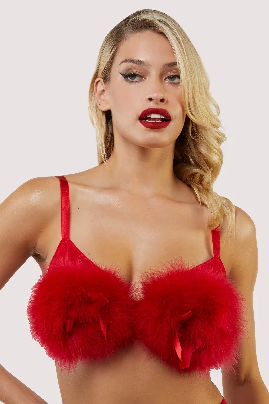 women’s cozy briefs-Elizabeth Red Plunge Feather Bra