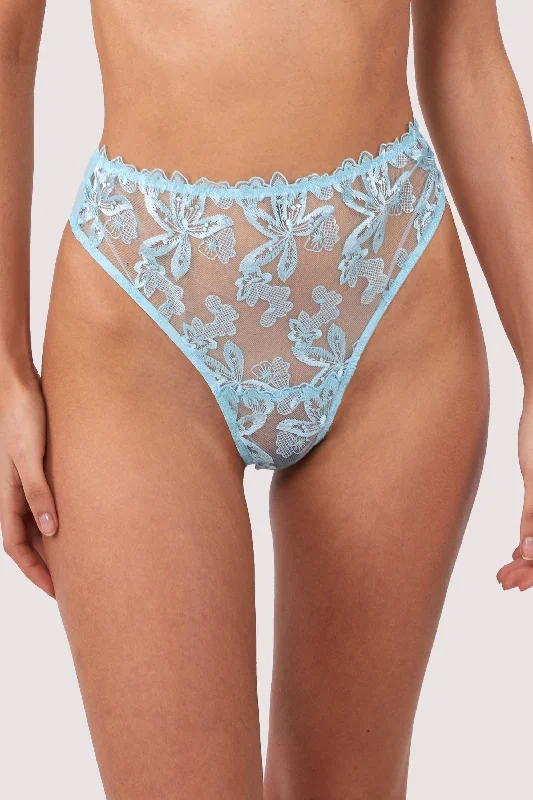 breathable silk panties-Eva Blue Graphic Embroidery High Waist Thong