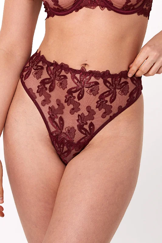 luxury silk underwear-Eva Dark Cherry Graphic Embroidery High Waist Thong