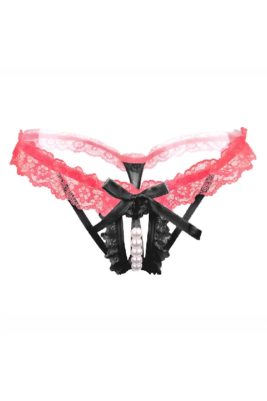 women’s lace panties-Flirty Ruffled Crotchless Pearl Thong