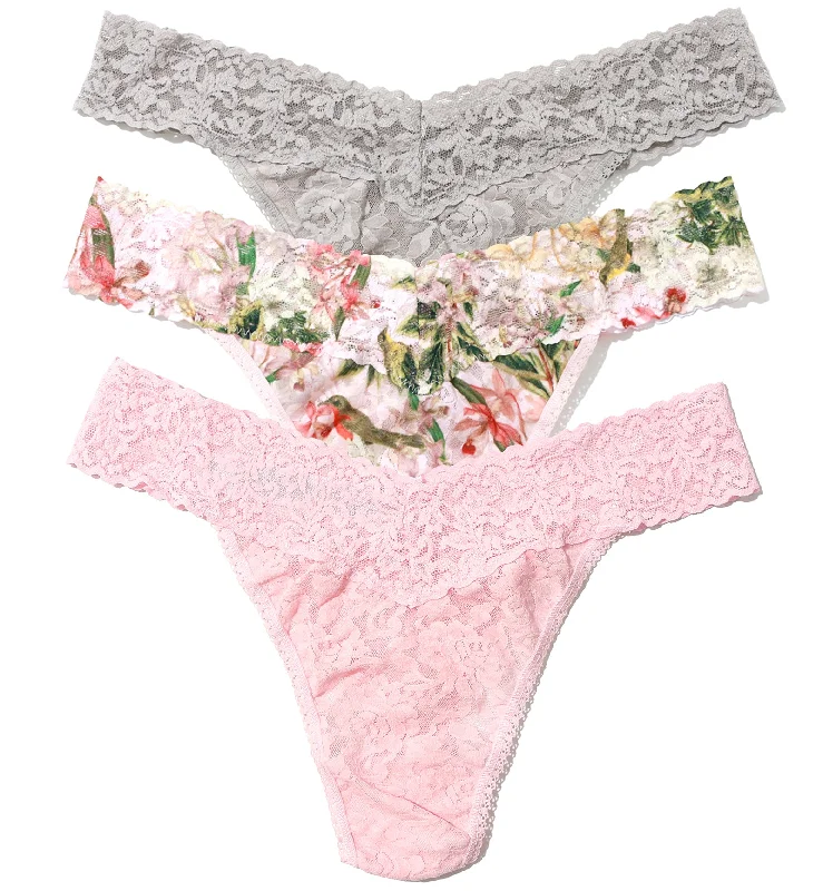 comfy stretch panties-Hanky Panky 3-PACK Signature Lace Original Rise Thong (48113PK) - French Garden