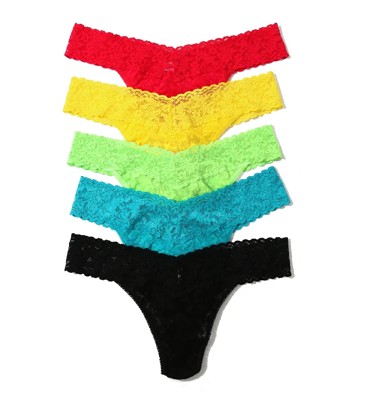 trendy hipster panties-Hanky Panky 5-PACK Signature Lace Original Rise Thong (48115PK) - Extra Spice