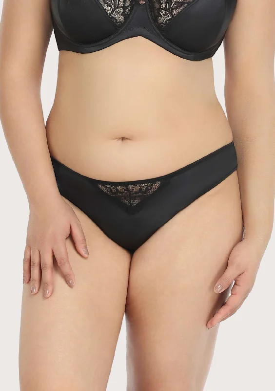 women’s postpartum briefs-Foxy Black Satin Floral Lace Bikini Underwear