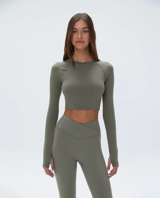 soft microfiber panties-Long Sleeve Crop Top - Olive Green