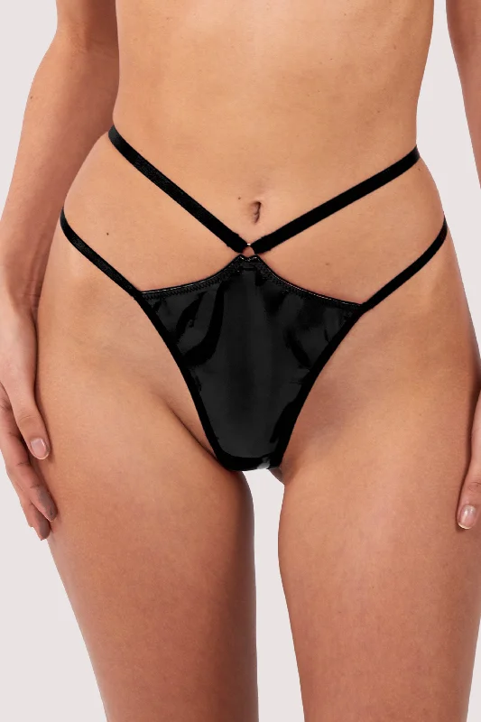 lightweight cotton panties-Maxine Black PVC Strap And Ring Detail Thong