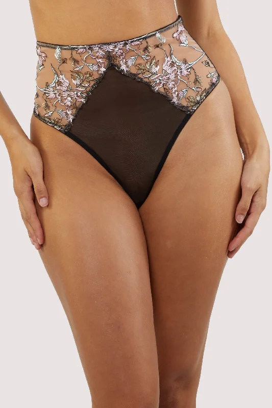 women’s silk panties-Mayla Black Floral Embroidered High Waisted Thong