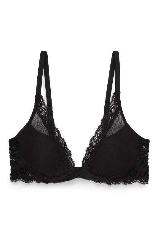 breathable bikini underwear-Natori Feathers Lace Contour Plunge Bra - Black