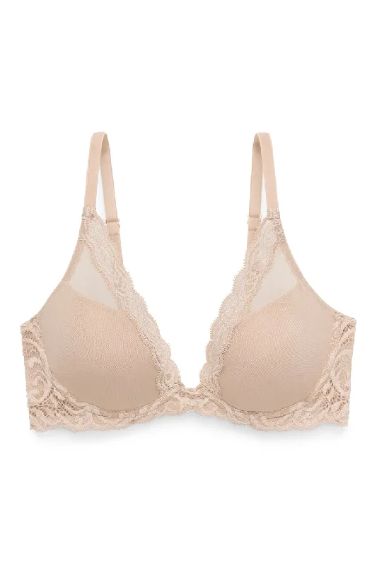 seamless silk panties-Natori Feathers Lace Contour Plunge Bra - Cafe