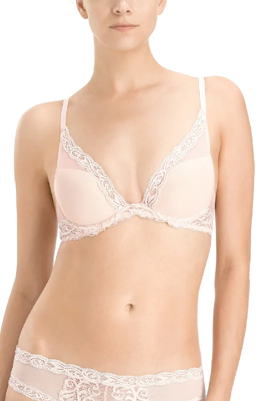 soft modal underwear-Natori Feathers Lace Contour Plunge Bra - Cameo Rose