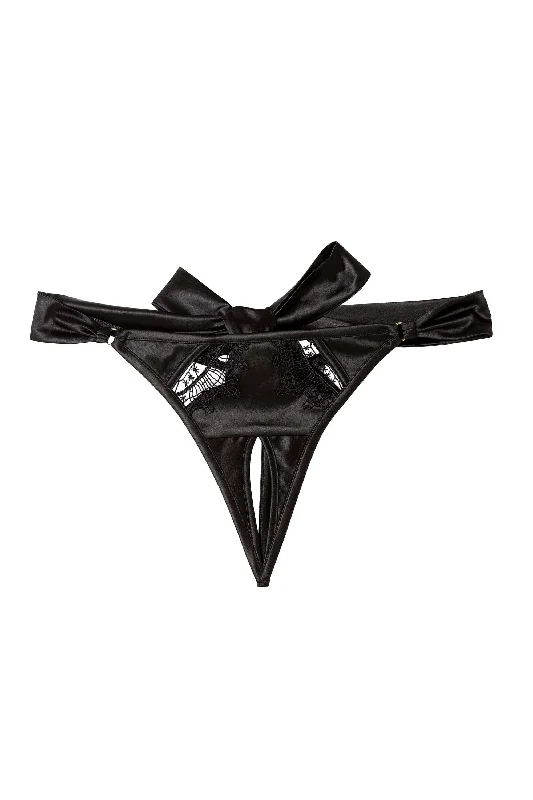 luxury silk underwear-Wren Black Satin and Lace Ouvert Thong