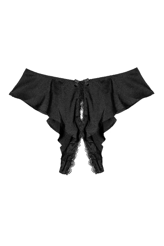 everyday cotton briefs-Black Satin And Lace Trim Ouvert Brief