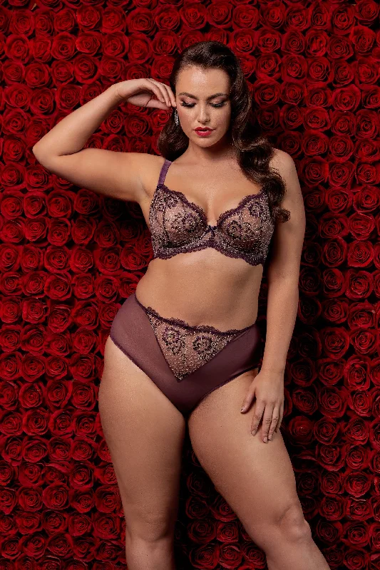 floral lace underwear-Evelina Aubergine Curve Brief