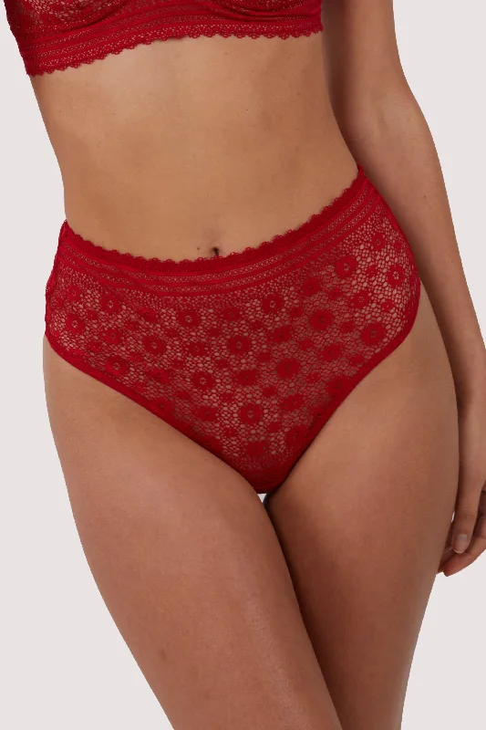 comfy cotton thong-Maia Red High Waisted Lace Thong