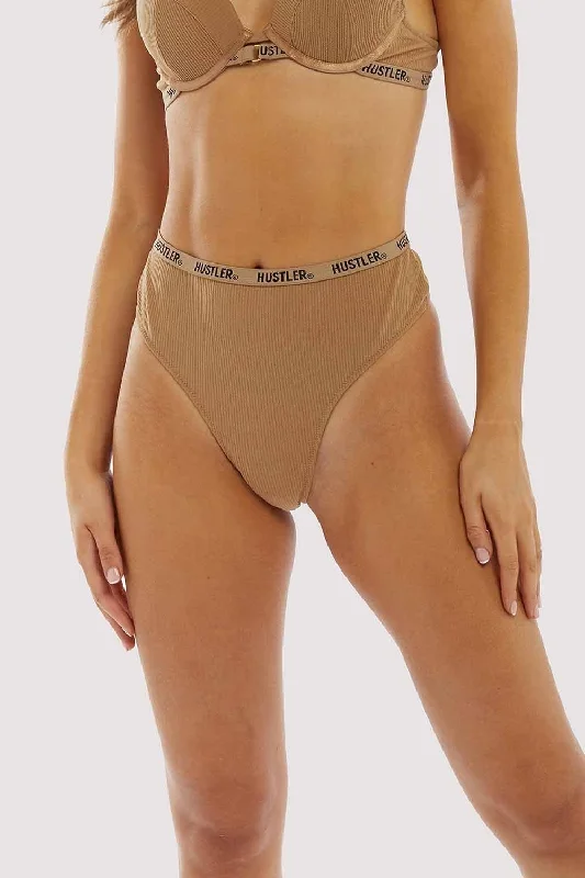 high-waisted cotton panties-Hustler Branded Ribbed High Waist Thong Caramel