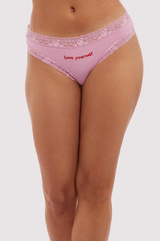 breathable lace thong-Love Yourself Pink Embroidered Brief