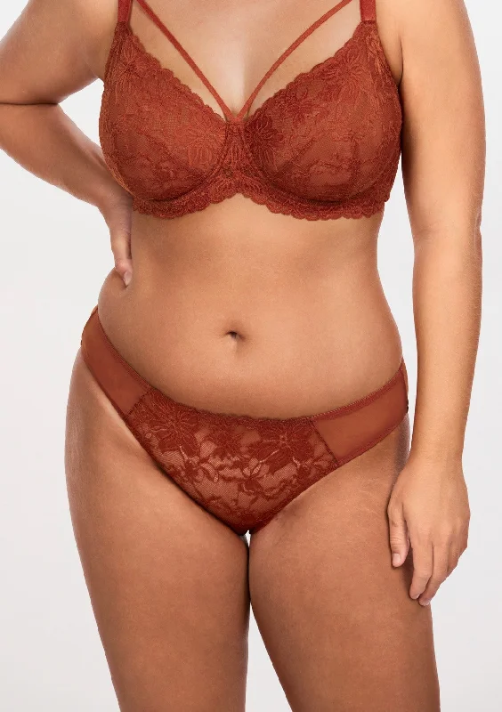 women’s lace panties-Pretty In Petals Copper Red Lace Bikini Underwear