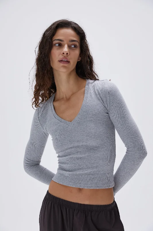 women’s seamless briefs-Rib V-Neck Long Sleeve Top - Grey Melange