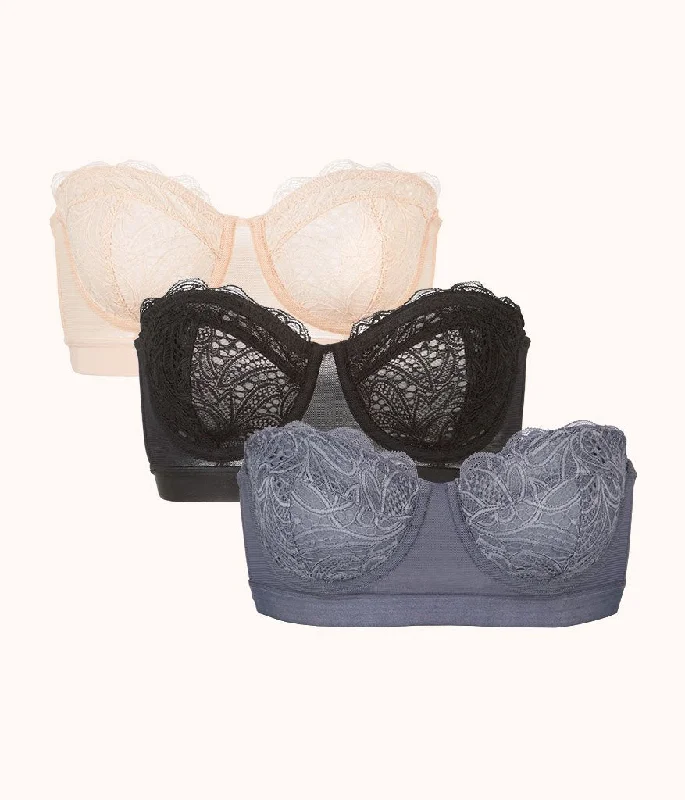 comfy bamboo panties-The Lace Strapless Bra Trio: Smoke/Jet Black/Toasted Almond