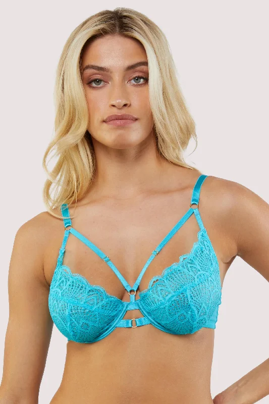 women’s period briefs-Tia Teal Ring Strap Lace Plunge Bra