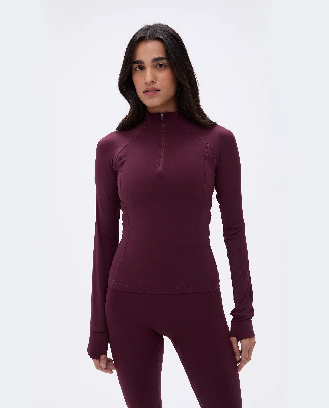 seamless lace underwear-Ultimate Long Sleeve Quarter Zip Top  - Dark Cherry