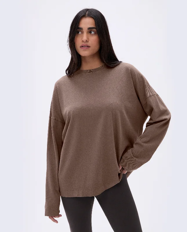 hypoallergenic underwear-Washed Long Sleeve Drop Shoulder T-shirt - Pebble Brown