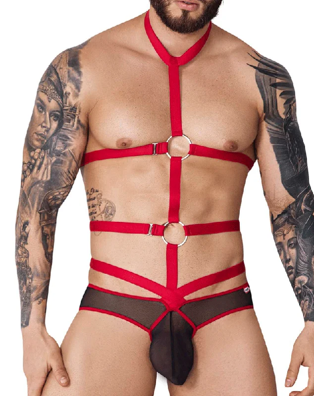 men’s bamboo boxers-Pikante 1084 Lips Harness Briefs Red